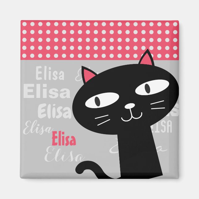 Cute cat pink polka dots personalized name  magnet (Front)