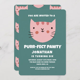 Cute Cat Pink Purrfect Pawty Birthday Party Invitation