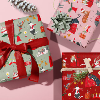 Cute Cat Pink Red Green Retro Pattern Christmas Wrapping Paper Sheet