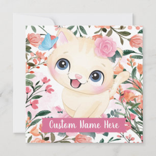 Cute Cat Pink Roses Blush Flowers Custom Name