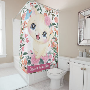 Cute Cat Pink Roses Blush Flowers Custom Name