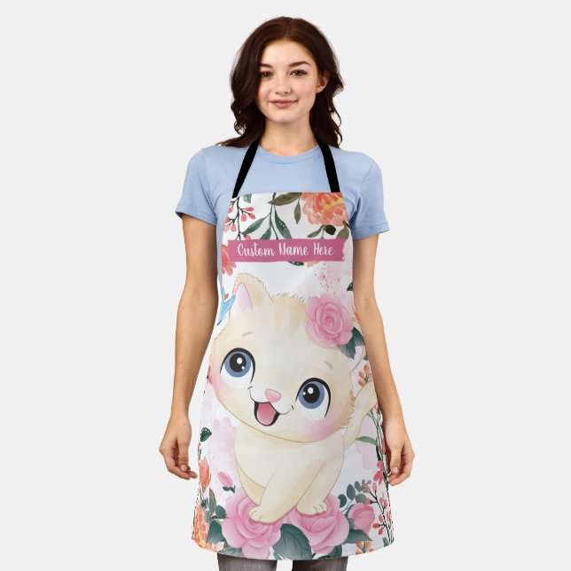 Cute Cat Pink Roses Blush Flowers Custom Name Apron (Worn)