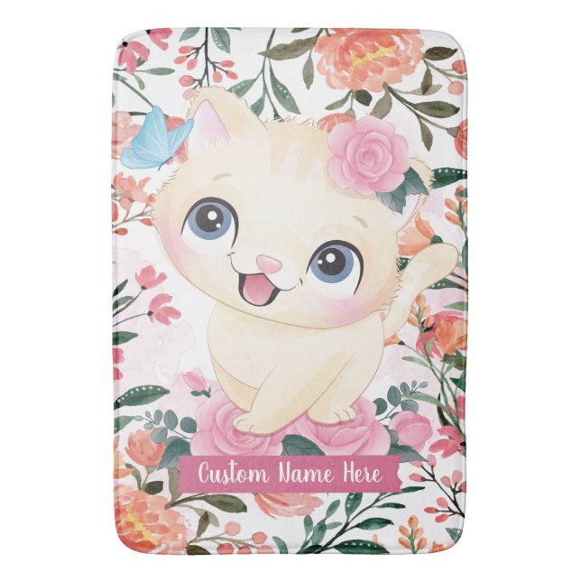 Cute Cat Pink Roses Blush Flowers Custom Name Bath Mat (Front Vertical)