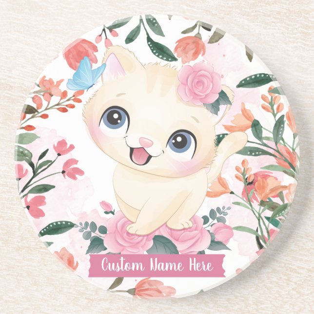 Cute Cat Pink Roses Blush Flowers Custom Name Coaster (Front)