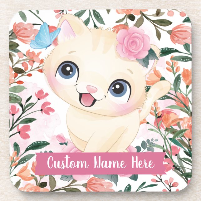 Cute Cat Pink Roses Blush Flowers Custom Name Coaster (Front)