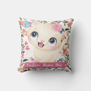Cute Cat Pink Roses Blush Flowers Custom Name Throw Pillow