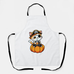 Cute Cat Pirate Drinking Boba Tea Halloween Pumpki Apron