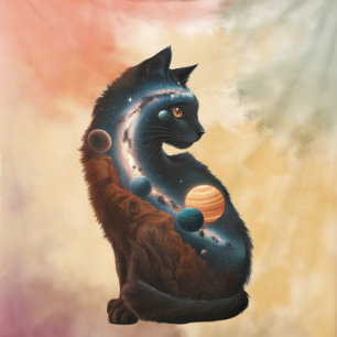 Cute Cat & Planets, Fun Animal, Watercolor, Custom Fleece Blanket