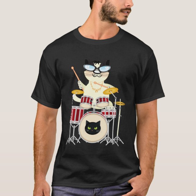 Cute Cat Playing Drum Drums & Cats   Drummer T-Shirt (Front)