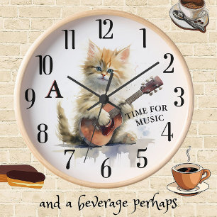 Cute Cat Playing Guitar Custom Monogram Clock