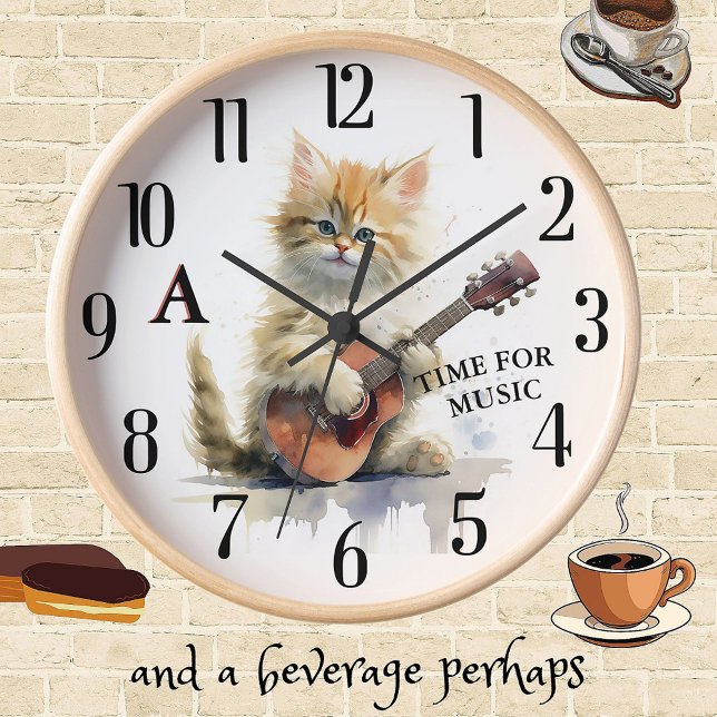 Cute Cat Playing Guitar Custom Monogram Clock (Creator Uploaded)