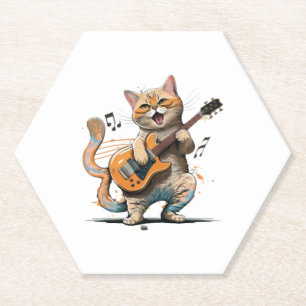 Cute Cat playing Guitar shirt, Cool kitty Guitar Paper Coaster