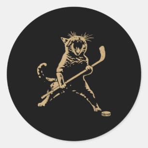 Cute Cat Playing Ice Hockey Lover Player Funny  Classic Round Sticker
