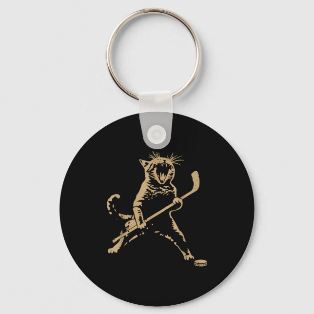 Cute Cat Playing Ice Hockey Lover Player Funny  Keychain (Front)