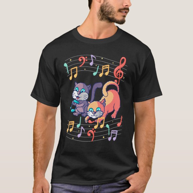 Cute Cat Playing Music Note Clef Musician Art Pian T-Shirt (Front)