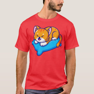 Cute Cat Playing On Pillow Cartoon T-Shirt