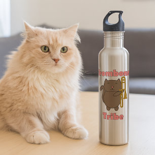 Cute Cat Playing Trombone Cartoon Trombone Tribe  710 Ml Water Bottle