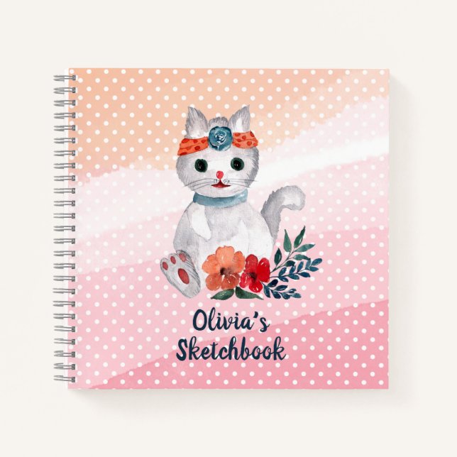Cute Cat Polka Dot Personalized Sketchbook  Notebook (Front)