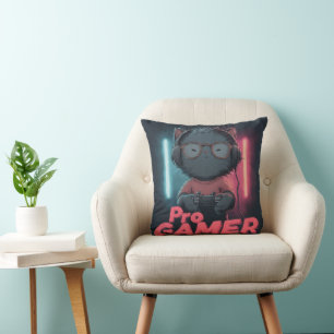 Cute Cat "Pro Gamer" with Headphones Throw Pillow