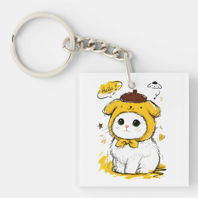 Cute Cat Pudding Hat Hello Adorable Art Keychain (Front)