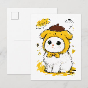 Cute Cat Pudding Hat Hello Adorable Art Postcard