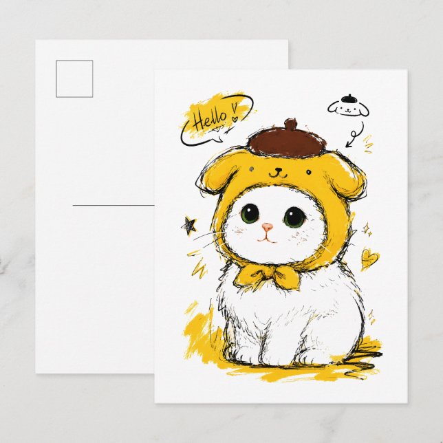 Cute Cat Pudding Hat Hello Adorable Art Postcard (Front/Back)