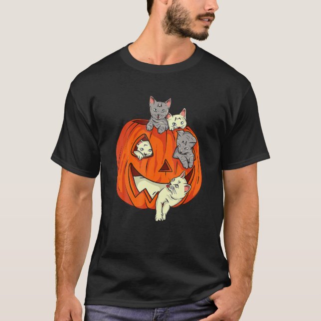 Cute Cat Pumpkin Carved Jack O Lantern Cat Hallowe T-Shirt (Front)