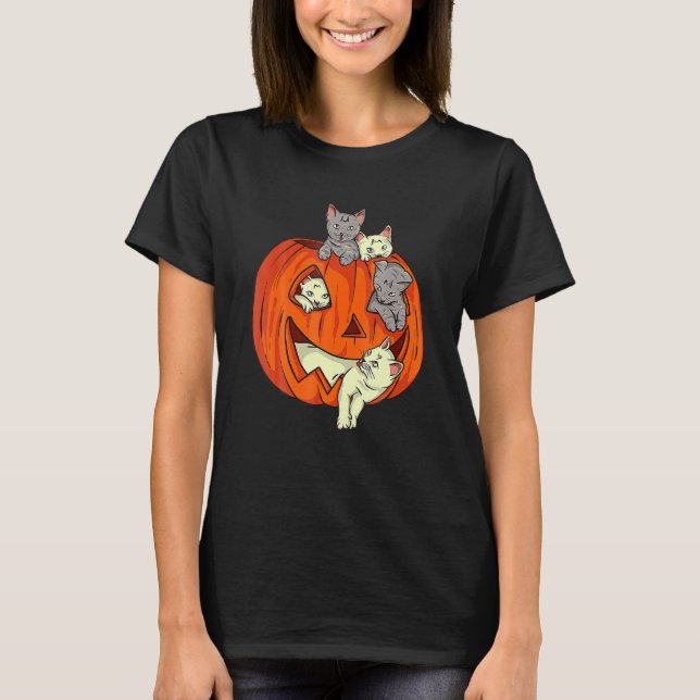 Cute Cat Pumpkin Carved Jack O Lantern Cat Hallowe T-Shirt (Front)