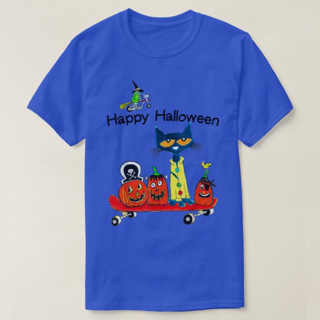 Cute Cat Pumpkin Skateboard Funny Halloween Witch  T-Shirt (Design Front)