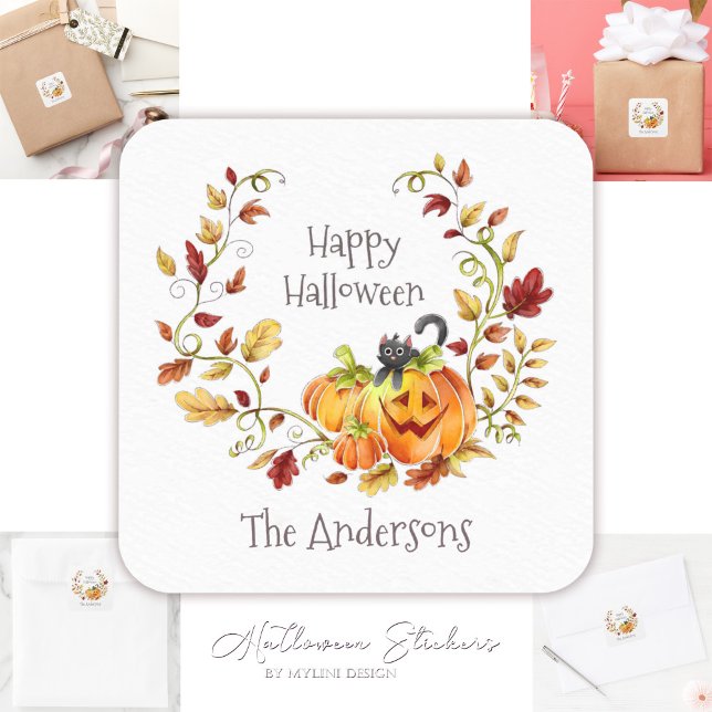Cute Cat Pumpkins Autumn Leaves Wreath Halloween Square Sticker (Creator Uploaded)