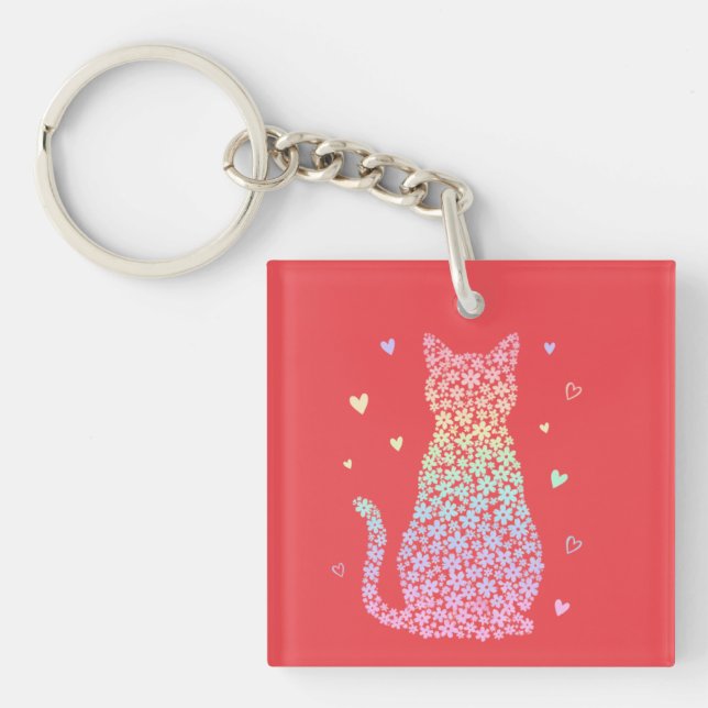  cute cat  rainbow hearts pastel gradient pattern keychain (Front)