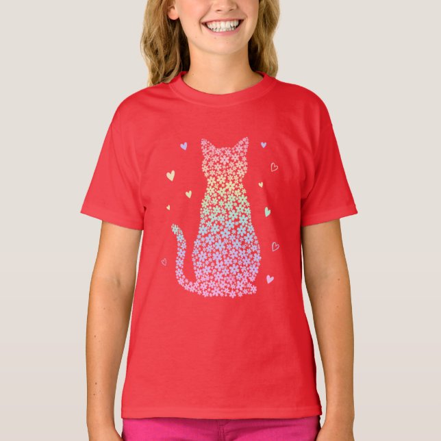  cute cat  rainbow hearts pastel gradient pattern T-Shirt (Front)