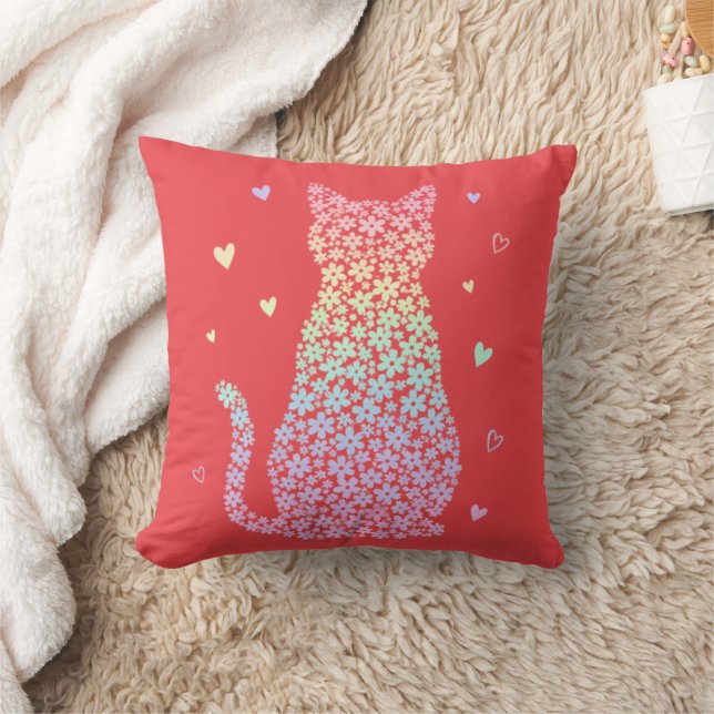  cute cat  rainbow hearts pastel gradient pattern throw pillow (Blanket)