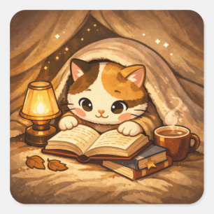 Cute Cat Reading Book   Cozy Book Lover Cat Square Sticker
