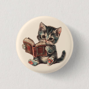 Cute cat reading book retro children illustration 1 inch round button