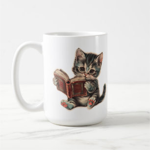 Cute cat reading book retro children illustration coffee mug