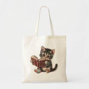 Cute cat reading book retro children illustration tote bag