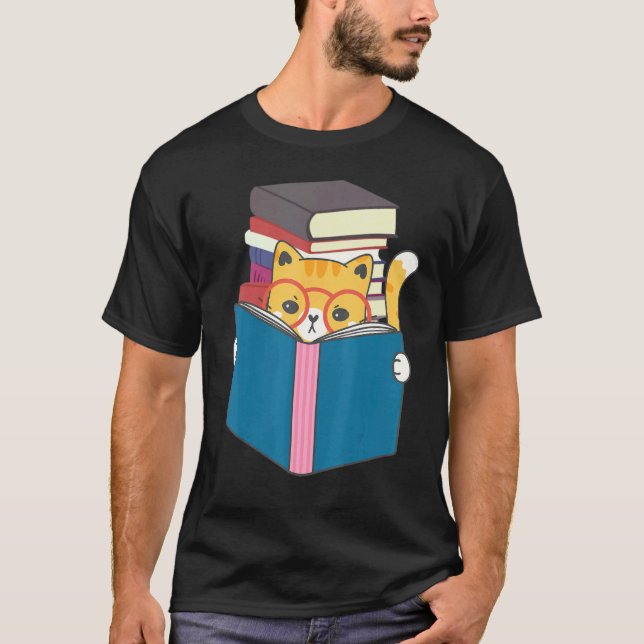 Cute Cat Reading Books T-Shirt (Front)