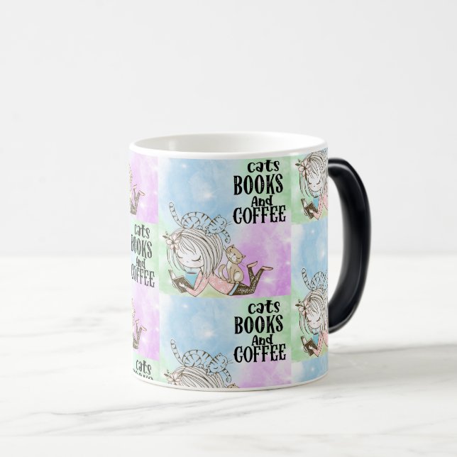 Cute Cat Reading Books with Coffee: Cozy and Relax Magic Mug (Front Right)