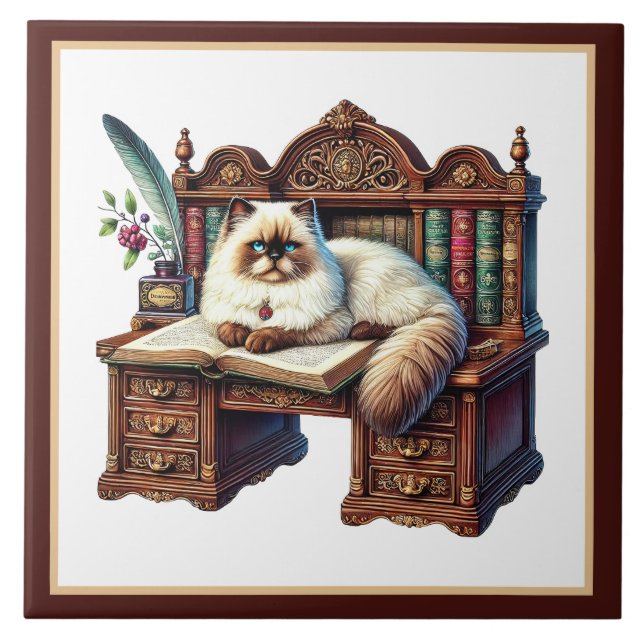 Cute cat reading nook library book lovers  tile (Front)