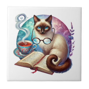 Cute cat reading nook library book lovers  tile