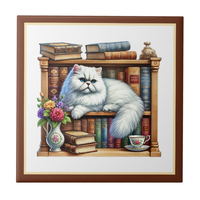 Cute cat reading nook library book lovers  tile (Front)