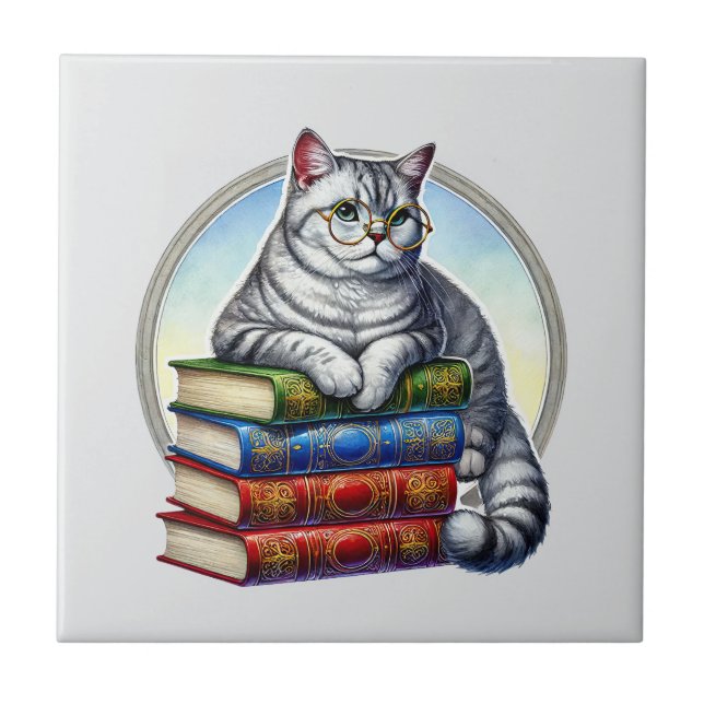 Cute cat reading nook library book lovers  tile (Front)