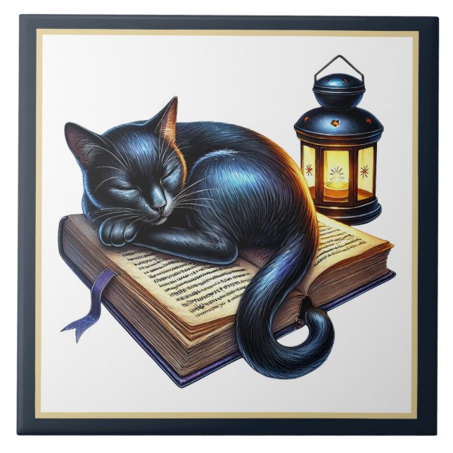 Cute cat reading nook library book lovers  tile (Front)