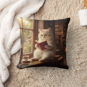 Cute Cat Reading Throw Pillow