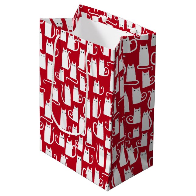 Cute Cat Red and White Festive Medium Gift Bag (Front Angled)