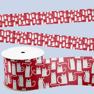 Cute Cat Red and White Festive Satin Ribbon