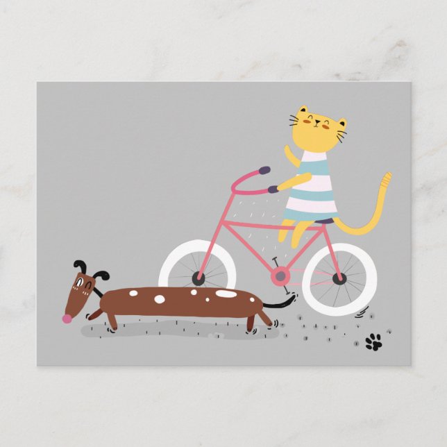 Cute Cat Riding Bicycle with Dog Friend  Postcard (Front)