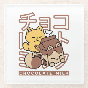 Cute Cat Riding Chocolate Milk Carton Kawaii Art Glass Coaster