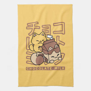 Cute Cat Riding Chocolate Milk Carton Kawaii Art Kitchen Towel